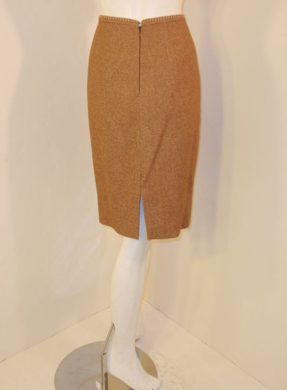 Rena Lange 2 pc. Tan Skirt Suit w/ Poodle Print Lining, 1990's In Good Condition For Sale In Los Angeles, CA