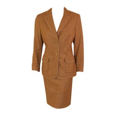 Rena Lange 2 pc. Tan Skirt Suit w/ Poodle Print Lining, 1990's