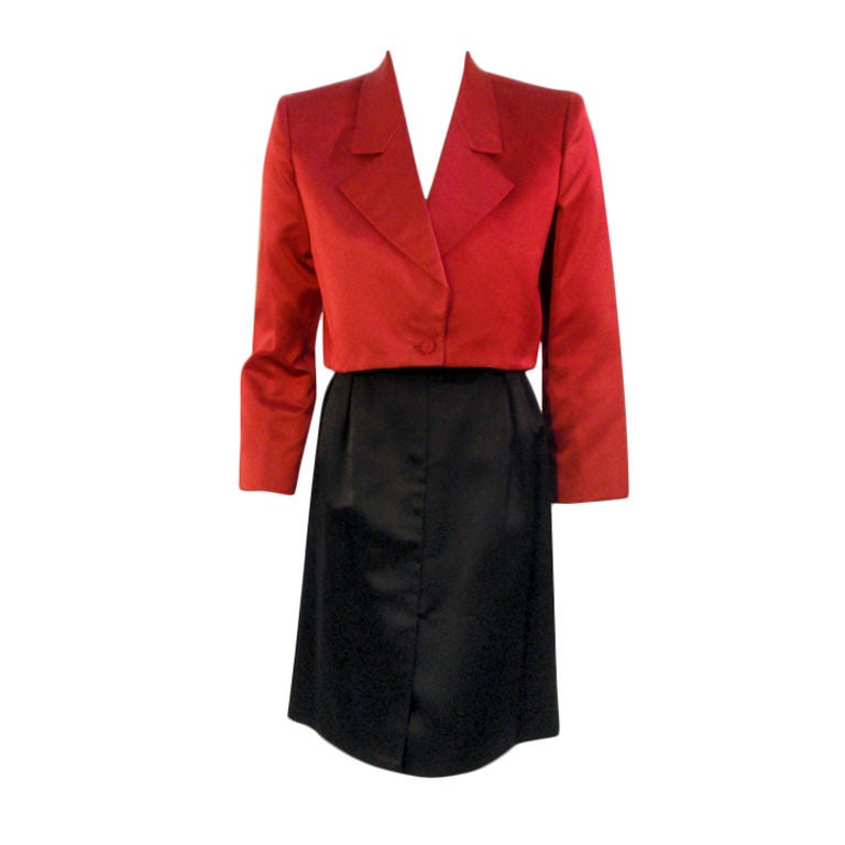 Andre' Laug 2 pc Red & Black Satin Skirt Suit Set, 1980's For Sale