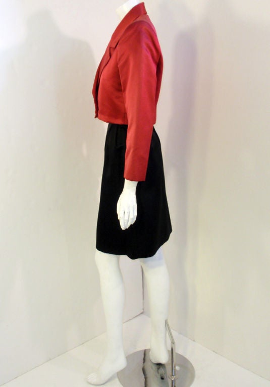 Women's Andre' Laug 2 pc Red & Black Satin Skirt Suit Set, 1980's For Sale