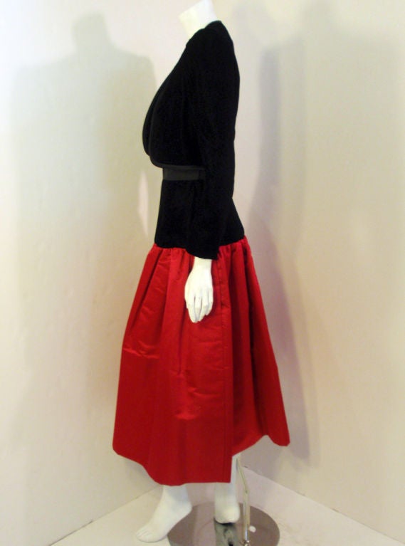 Women's Adolfo 2 pc. Red Satin Skirt and Black Velvet Jacket,  c.1980's For Sale