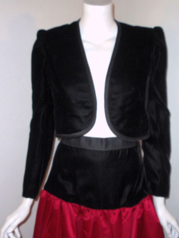 Adolfo 2 pc. Red Satin Skirt and Black Velvet Jacket,  c.1980's For Sale 4