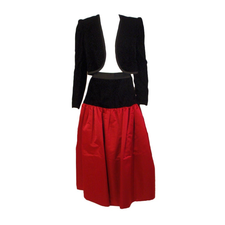 Adolfo 2 pc. Red Satin Skirt and Black Velvet Jacket,  c.1980's