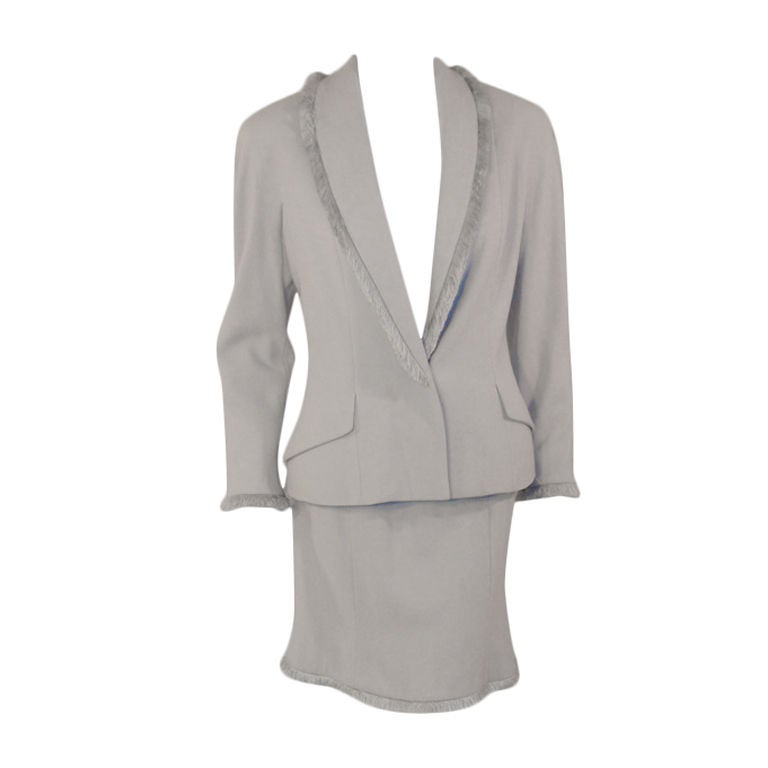 Christian Dior 2 pc Light Blue Skirt Suit with Fringe Lapel, c 1990's For Sale