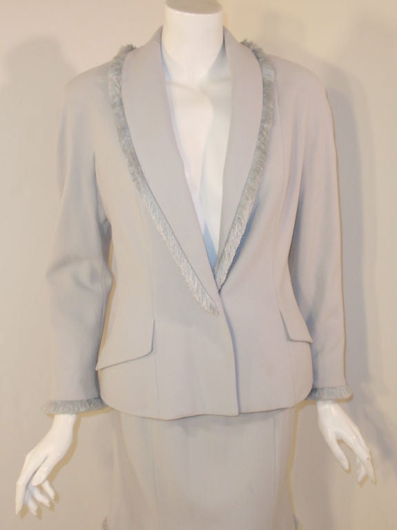 Christian Dior 2 pc Light Blue Skirt Suit with Fringe Lapel, c 1990's In Excellent Condition For Sale In Los Angeles, CA