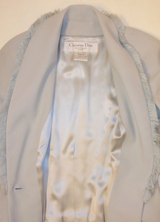 Christian Dior 2 pc Light Blue Skirt Suit with Fringe Lapel, c 1990's For Sale 1