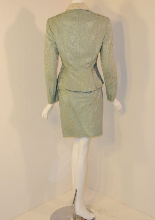 Brown Christian Dior 2 pc Mint Green Skirt Suit with Lace Lapel, c 1990's Size 10