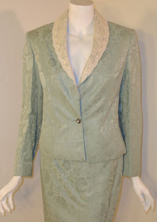 Women's Christian Dior 2 pc Mint Green Skirt Suit with Lace Lapel, c 1990's Size 10