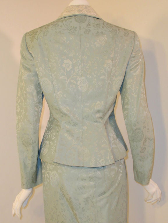 Christian Dior 2 pc Mint Green Skirt Suit with Lace Lapel, c 1990's Size 10 1