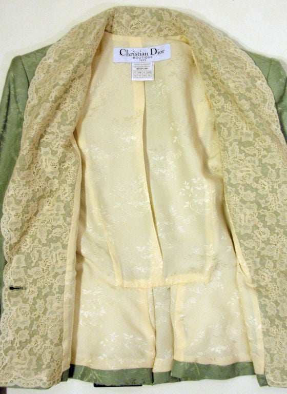 Christian Dior 2 pc Mint Green Skirt Suit with Lace Lapel, c 1990's Size 10 2