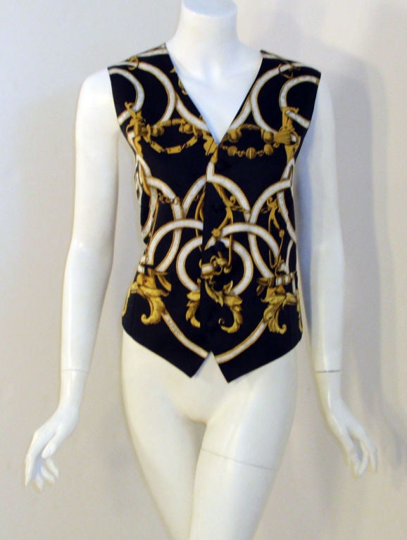 Hermes Silk Vest, Black w/ White& Gold Ribbon design