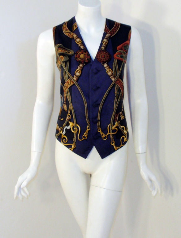 Hermes Silk Vest, Navy Blue w/ Buckles & Belts Motif