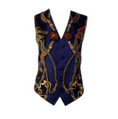 Hermes Silk Vest, Navy Blue w/ Buckles & Belts Motif