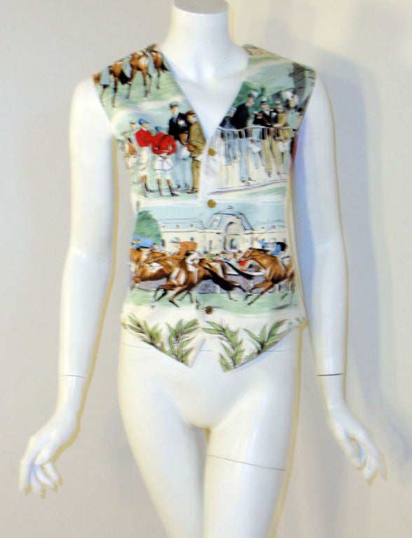 Hermes Silk Vest, Cream w/ Horse Race Scenes Print