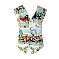 Hermes Silk Vest, Cream w/ Horse Race Scenes Print