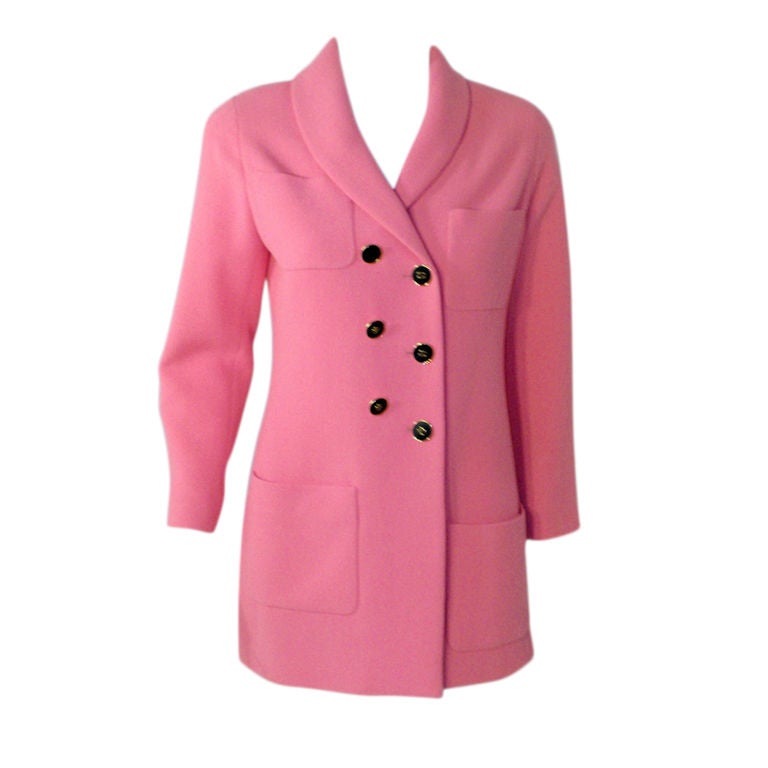 Chanel Pink Asymmetrical Wool Jacket w/ Black Buttons