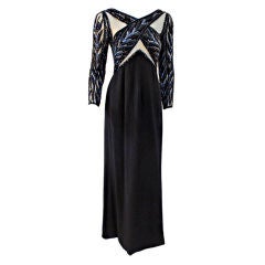 Bob Mackie Gown with Blue Bead & Sequin Halter over Black mesh Bodice 11