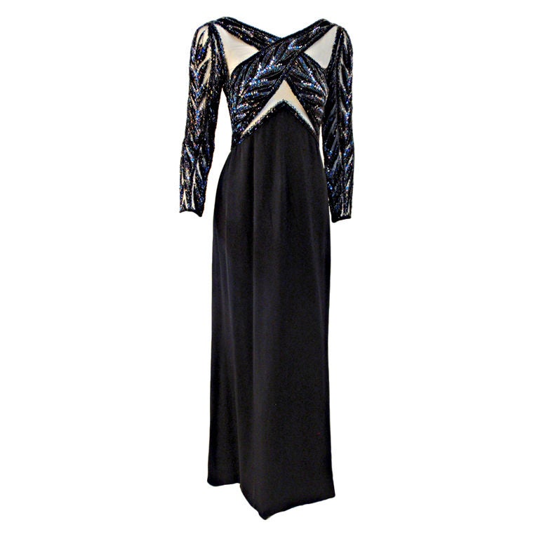 Bob Mackie Gown with Blue Bead and Sequin Halter over Black mesh Bodice at  1stDibs | blue sequin halter dress
