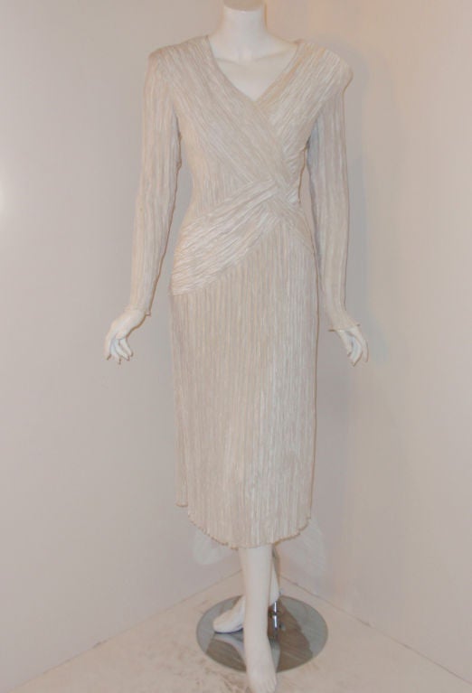 Mary McFadden White Long Sleeve Pleated Dress, c 1980s