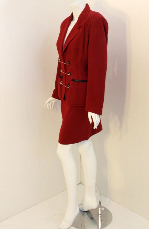 Jean Paul Gaultier Gibo Red Wool w. Leather Trim Safety Pin Jacket & Skirt 44 In Excellent Condition In Los Angeles, CA