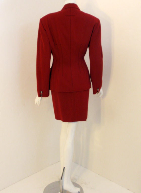 Women's Jean Paul Gaultier Gibo Red Wool w. Leather Trim Safety Pin Jacket & Skirt 44