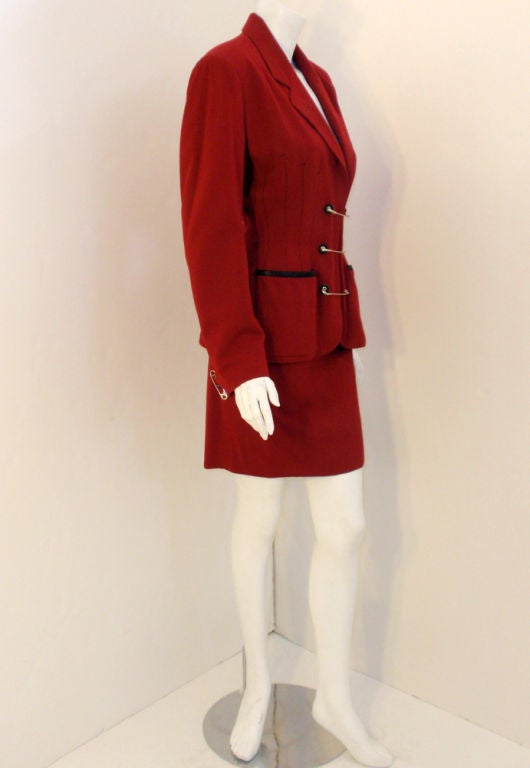 Jean Paul Gaultier Gibo Red Wool w. Leather Trim Safety Pin Jacket & Skirt 44 1
