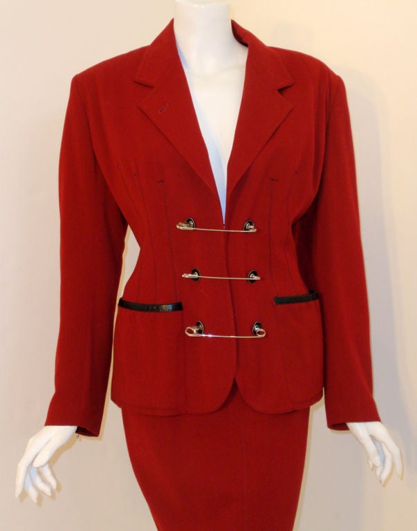 Jean Paul Gaultier Gibo Red Wool w. Leather Trim Safety Pin Jacket & Skirt 44 2