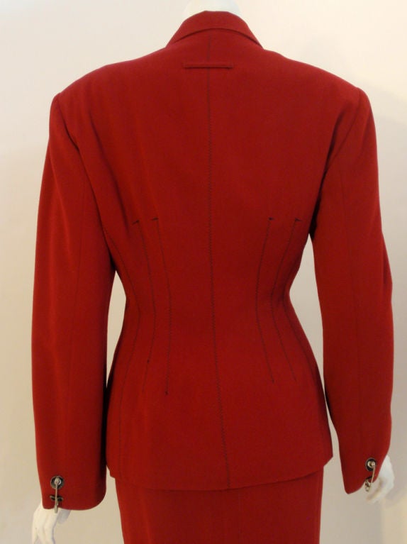 Jean Paul Gaultier Gibo Red Wool w. Leather Trim Safety Pin Jacket & Skirt 44 3