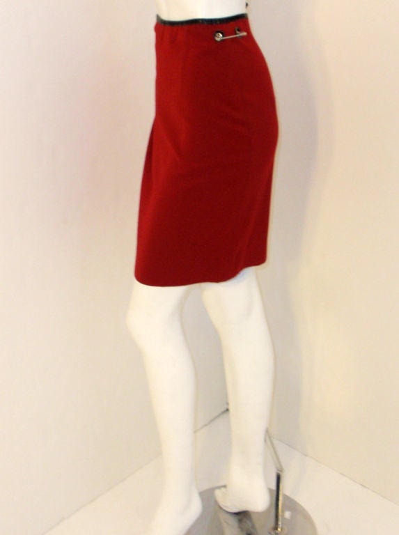 Jean Paul Gaultier Gibo Red Wool w. Leather Trim Safety Pin Jacket & Skirt 44 5
