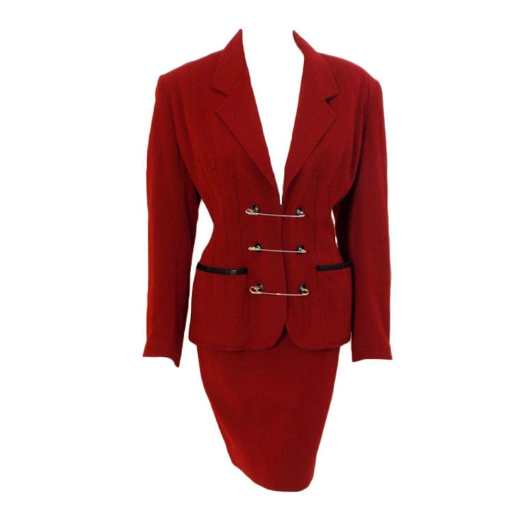 Jean Paul Gaultier Gibo Red Wool w. Leather Trim Safety Pin Jacket & Skirt 44