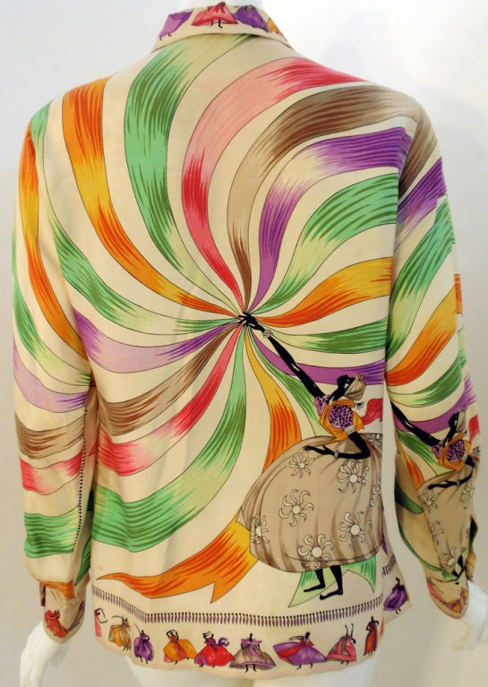 Emilio Pucci Seltene cremefarbene Seidenbluse mit Damen- und Banddruck, 1960er Jahre im Angebot 3