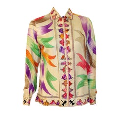 Emilio Pucci Rare off white silk blouse with ladies and ribbon print, 1960s
