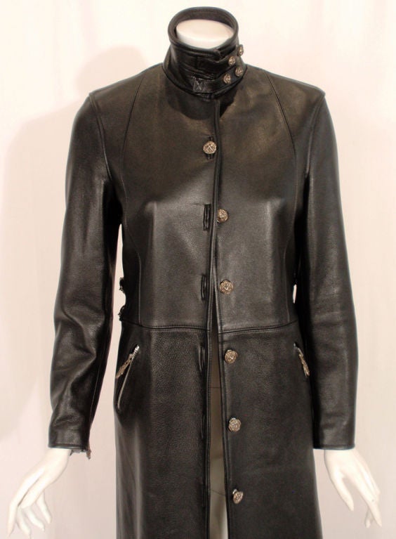 Women's Chrome Hearts Long Black Leather Coat w/ Sterling Silver Details