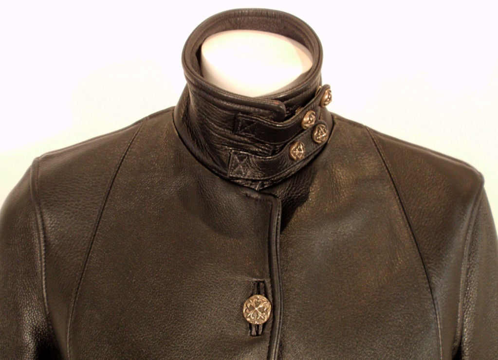 Chrome Hearts Langer schwarzer Ledermantel mit Sterling Silber Details 4