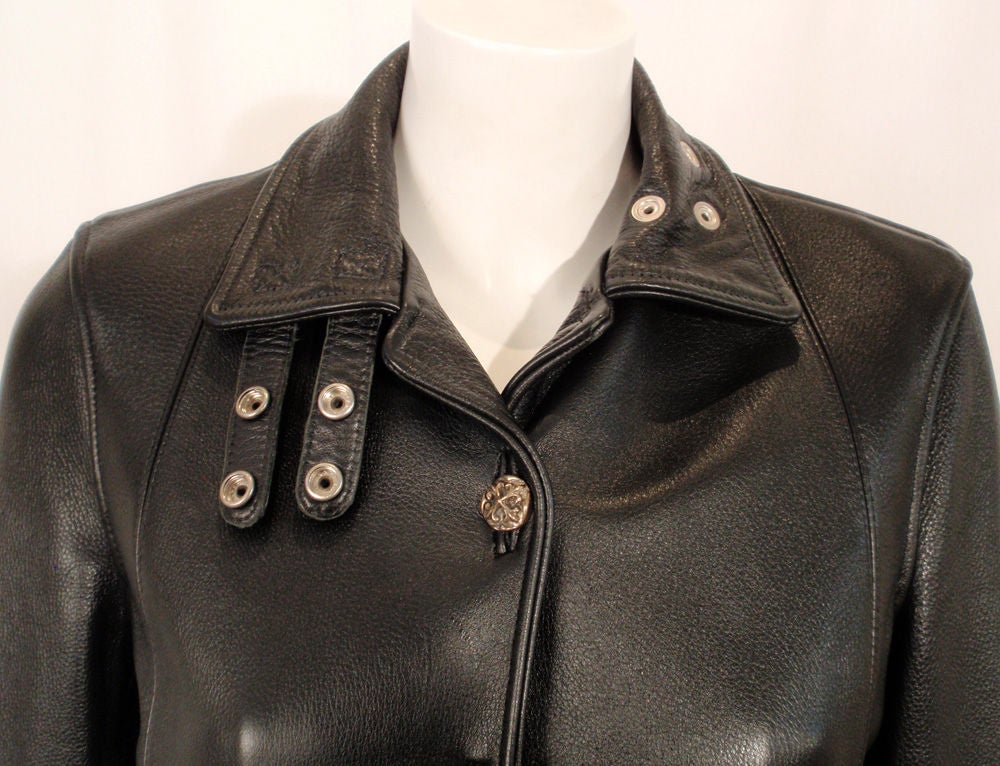 Chrome Hearts Langer schwarzer Ledermantel mit Sterling Silber Details 5