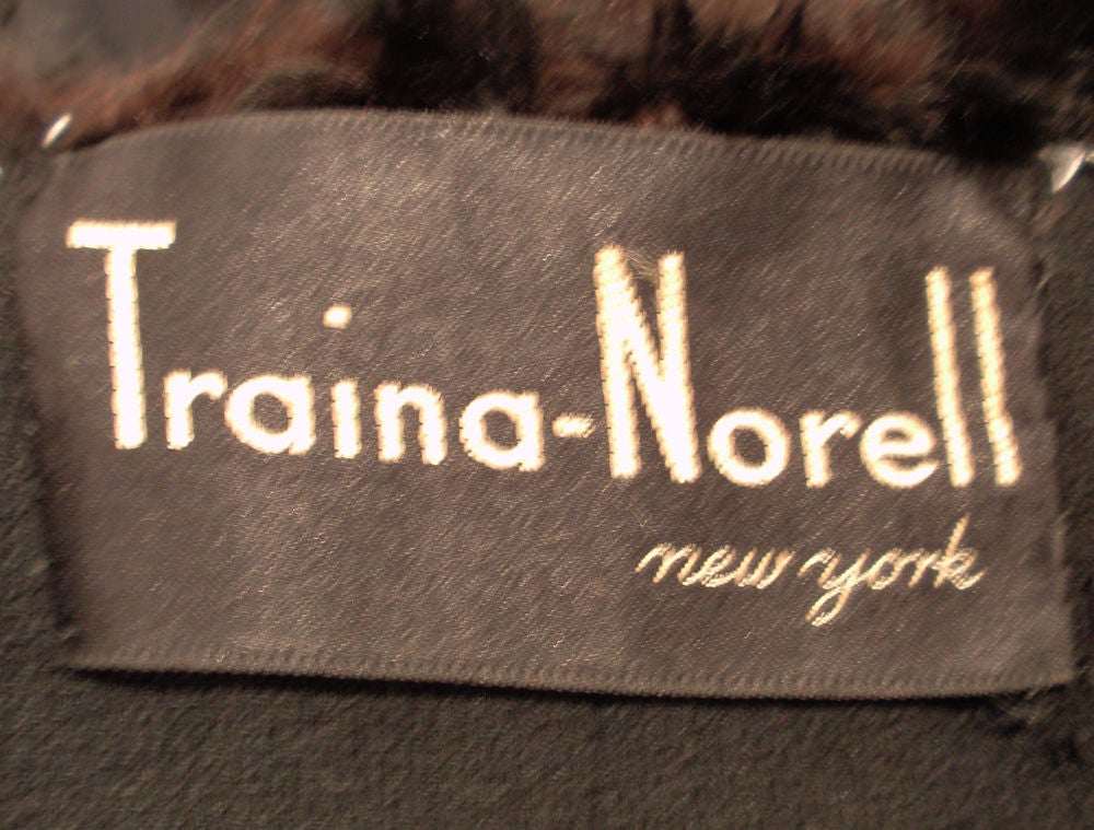 Traina-Norell Black Faille Coat with Rhinestone Buttons & Sheared Beaver Collar In Excellent Condition For Sale In Los Angeles, CA