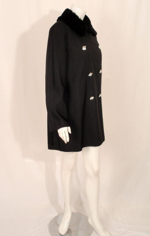 Traina-Norell Black Faille Coat with Rhinestone Buttons & Sheared Beaver Collar For Sale 2