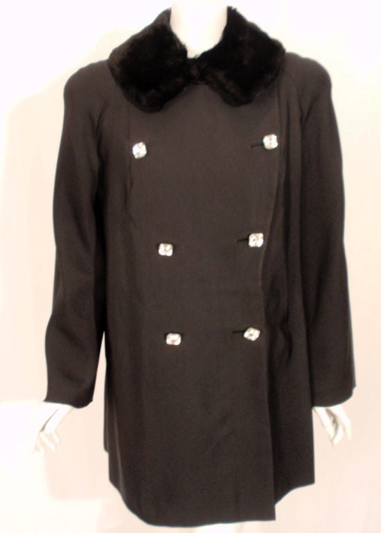 Traina-Norell Black Faille Coat with Rhinestone Buttons & Sheared Beaver Collar For Sale 3
