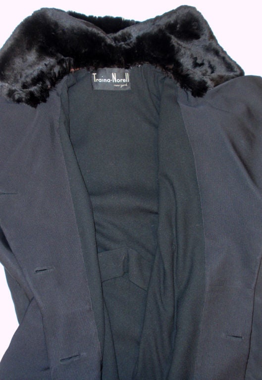 Traina-Norell Black Faille Coat with Rhinestone Buttons & Sheared Beaver Collar For Sale 6