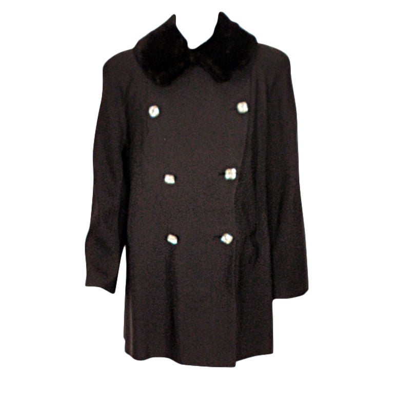 Traina-Norell Black Faille Coat with Rhinestone Buttons & Sheared Beaver Collar