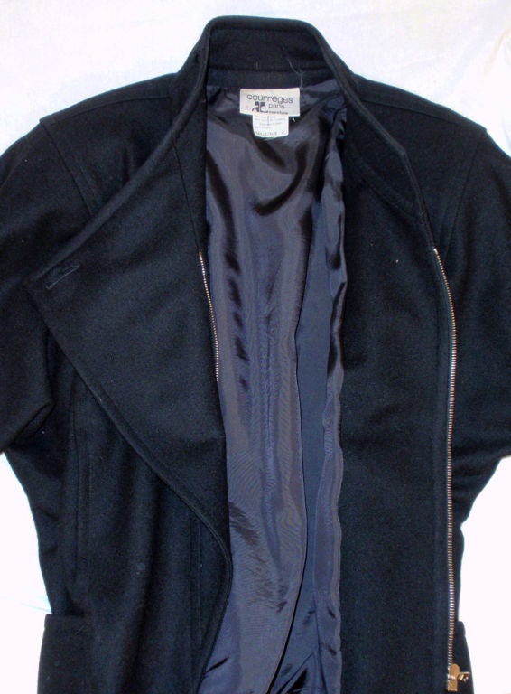 Courreges Black Wool Car Coat w/ Triangle Over-Flap & Back Belt 6