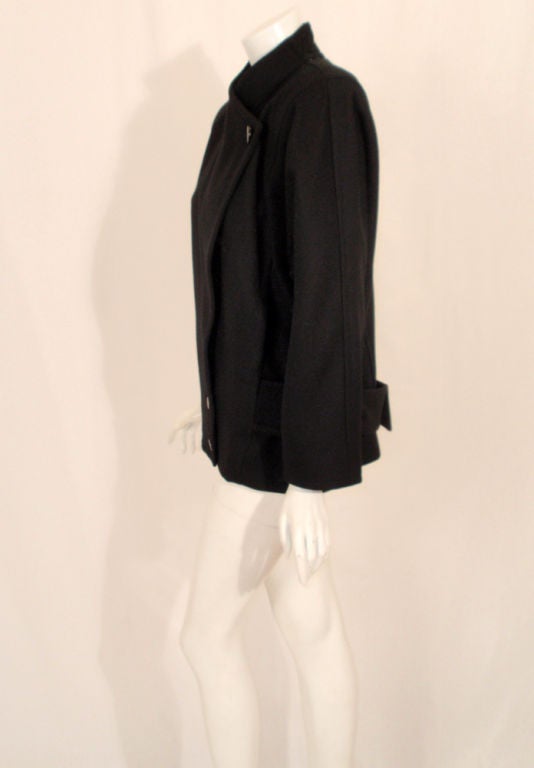 Courreges Black Wool Car Coat w/ Triangle Over-Flap & Back Belt In Good Condition In Los Angeles, CA