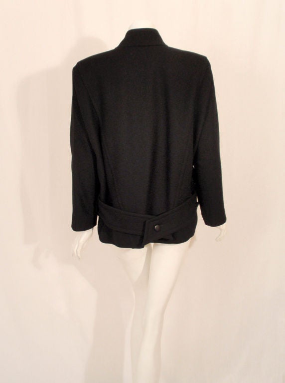 Women's Courreges Black Wool Car Coat w/ Triangle Over-Flap & Back Belt