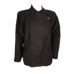 Courreges Black Wool Car Coat w/ Triangle Over-Flap & Back Belt