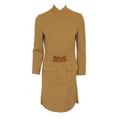 Geofffey Beene Tan Long Sleeve Wool Dress w/ Gold "GB" Logo Belt