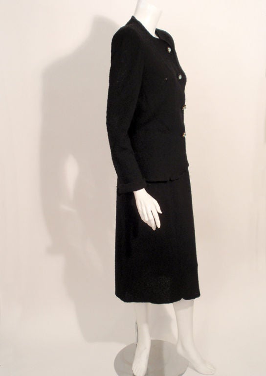 Tailleur jupe Hattie Carnegie 2 pièces en maille bouclée noire, vers les années 1940 Pour femmes en vente