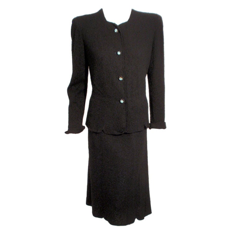 Tailleur jupe Hattie Carnegie 2 pièces en maille bouclée noire, vers les années 1940 en vente