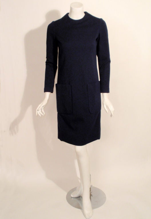 Geoffery Beene Navy Wool Long Sleeve Dress w/ Pockets, 60s