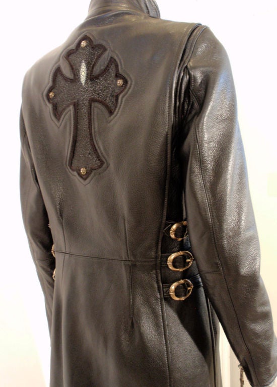 Chrome Hearts Long Black Leather Coat w/ Sterling Silver Details 1
