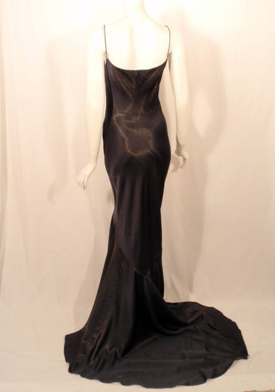 Women's John Galliano Navy Blue, Gold Satin Bias Cut Gown  w/ Train